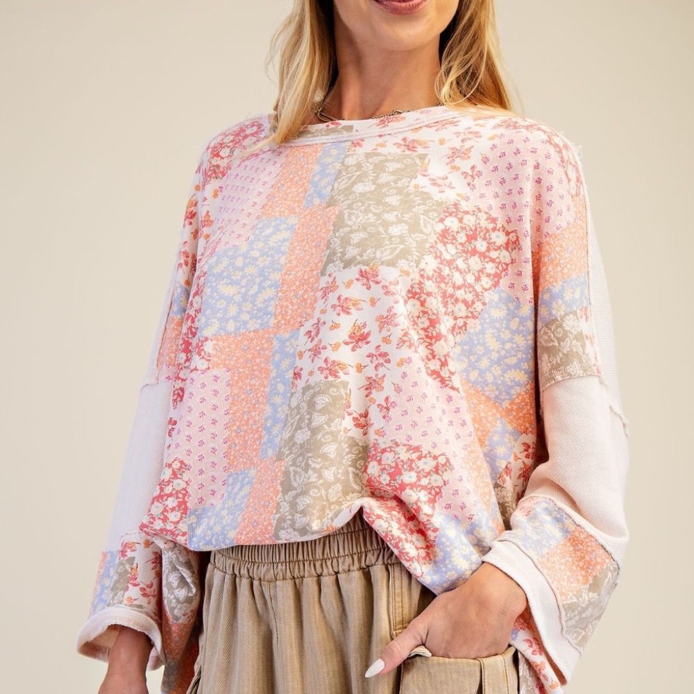 NEW EASEL PATCHWORK PRINT MIX WASHED PULLOVER FLO… - image 2